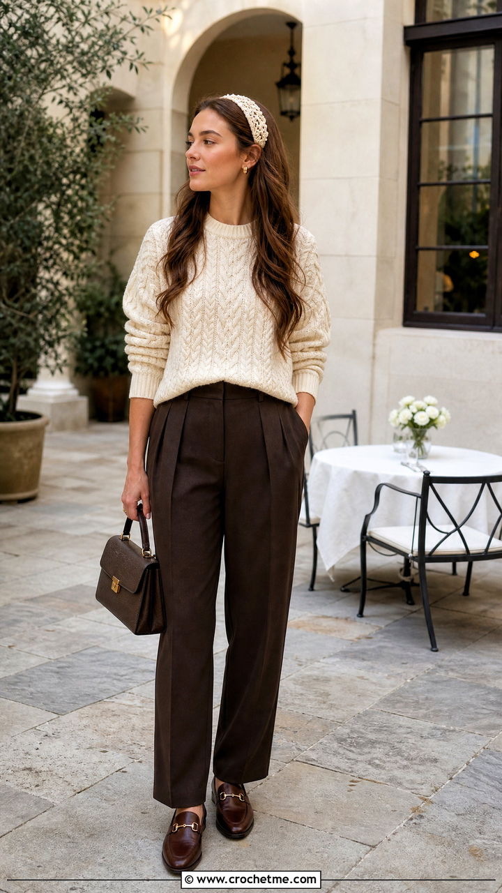 Crochet Headband With Cable Sweater And Pleated Trousers - 35 crochet headband outfit ideas