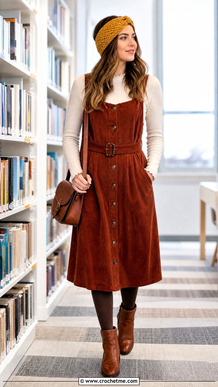 Crochet Headband With Corduroy Dress And Tights - 35 crochet headband outfit ideas
