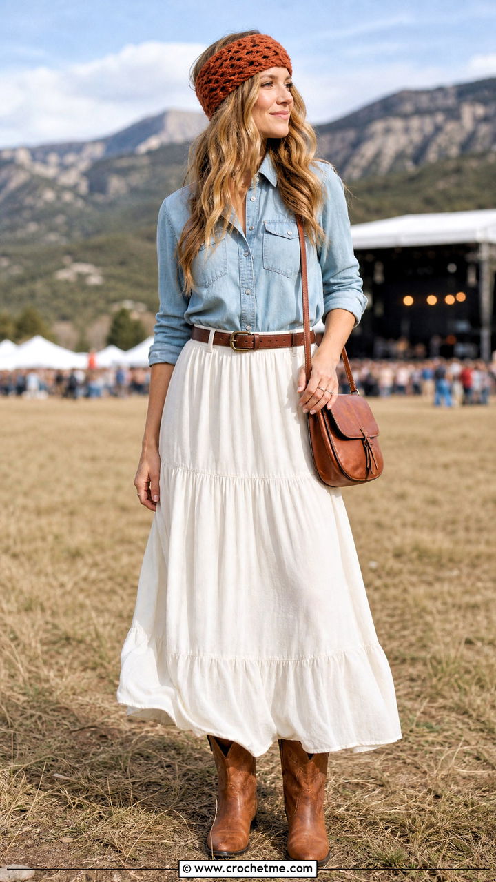Crochet Headband With Denim Shirt And Maxi Skirt - 35 crochet headband outfit ideas