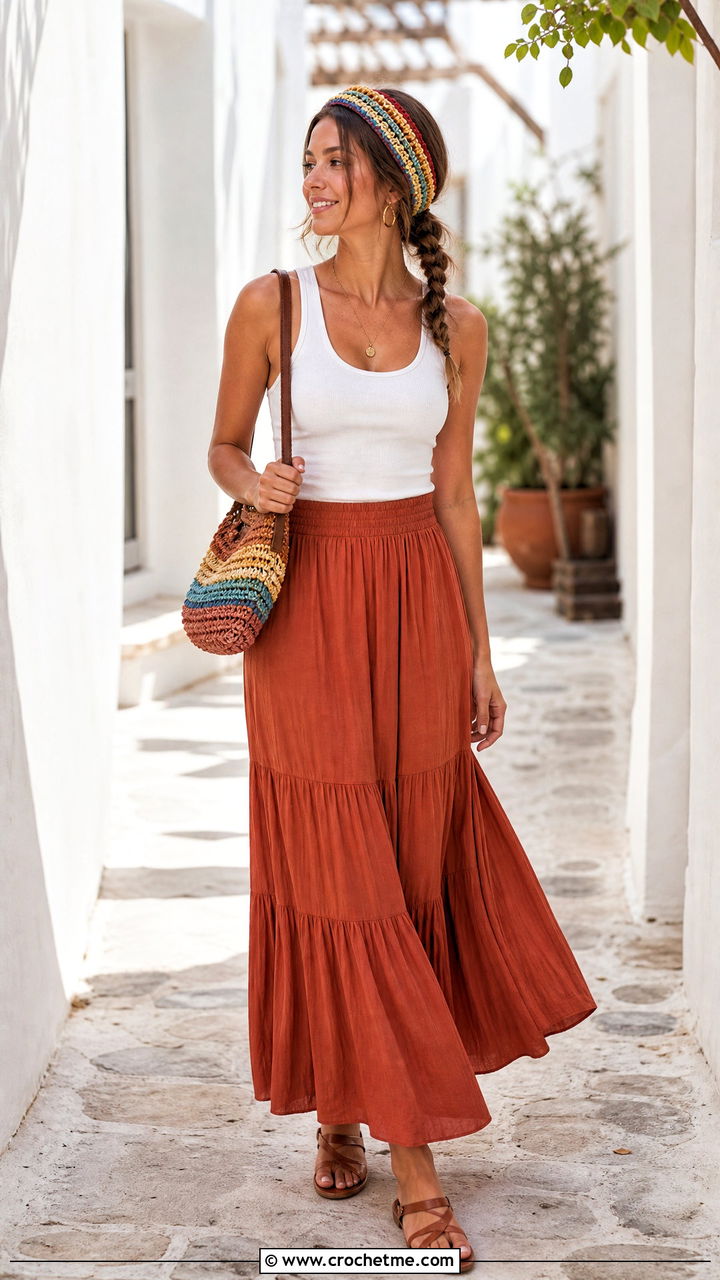 Crochet Headband With Maxi Skirt And Fitted Tank - 35 crochet headband outfit ideas
