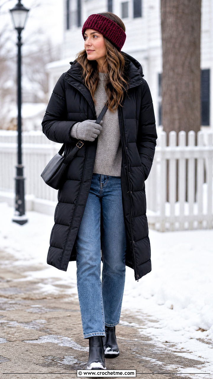 Crochet Headband With Puffer Coat And Jeans - 35 crochet headband outfit ideas