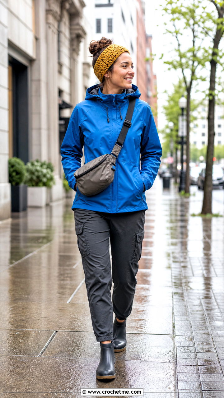 Crochet Headband With Rain Jacket And Cargo Pants - 35 crochet headband outfit ideas