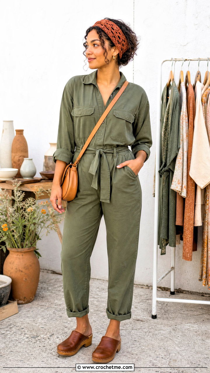 Crochet Headband With Utility Jumpsuit And Clogs - 35 crochet headband outfit ideas