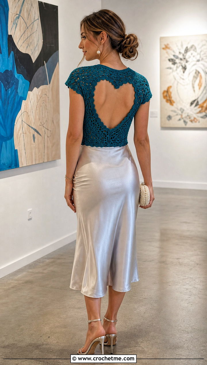 Crochet Heart Back Cut Out Top With Satin Midi Skirt - 30 crochet heart cut out top outfit ideas