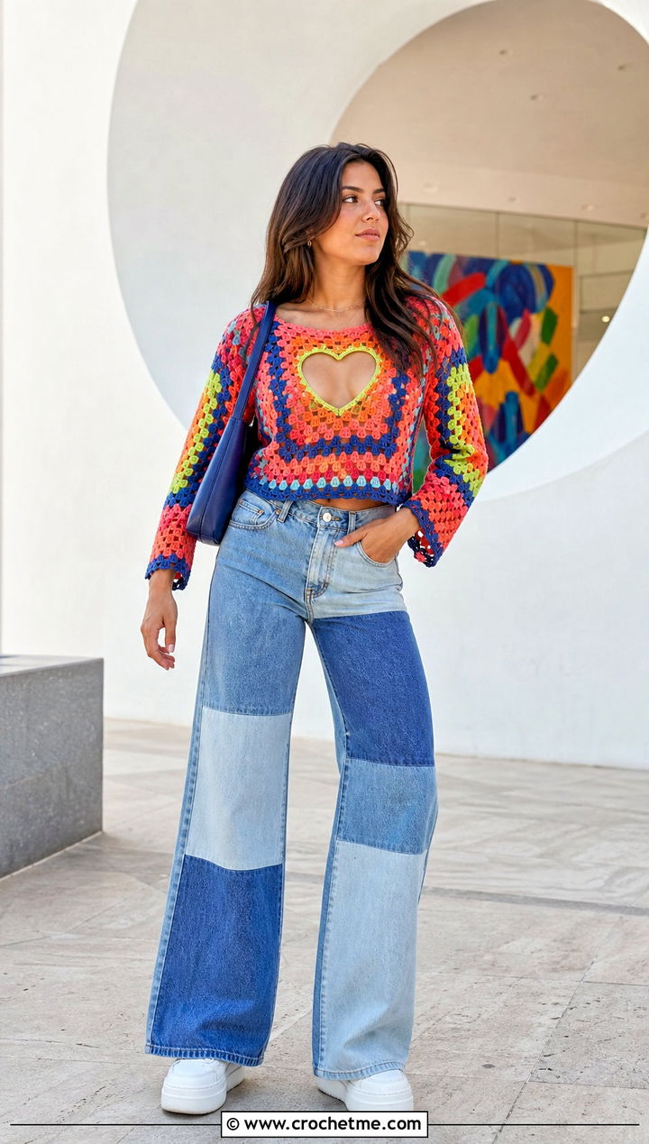 Crochet Heart Cut Out Granny Square Top With Patchwork Denim - 30 crochet heart cut out top outfit ideas