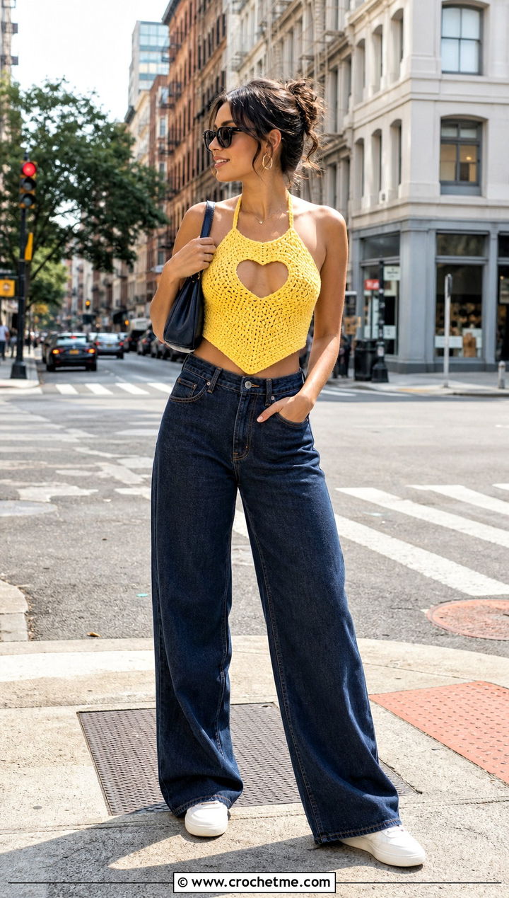 Crochet Heart Cut Out Halter Top With Wide Leg Jeans - 30 crochet heart cut out top outfit ideas