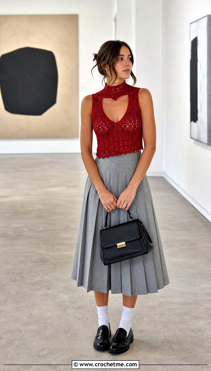 Crochet Heart Cut Out High Neck Top With Pleated Midi Skirt - 30 crochet heart cut out top outfit ideas