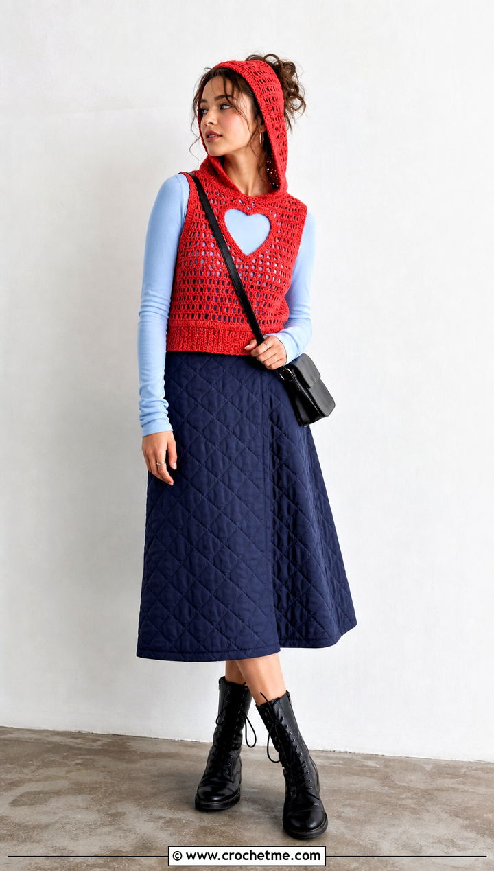 Crochet Heart Cut Out Hooded Top With Quilted Skirt - 30 crochet heart cut out top outfit ideas