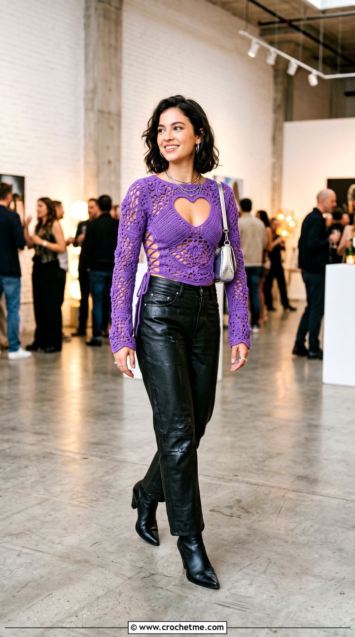 Crochet Heart Cut Out Lace Up Top With Leather Pants - 30 crochet heart cut out top outfit ideas