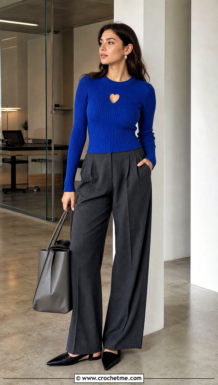 Crochet Heart Cut Out Long Sleeve Top With Tailored Trousers - 30 crochet heart cut out top outfit ideas