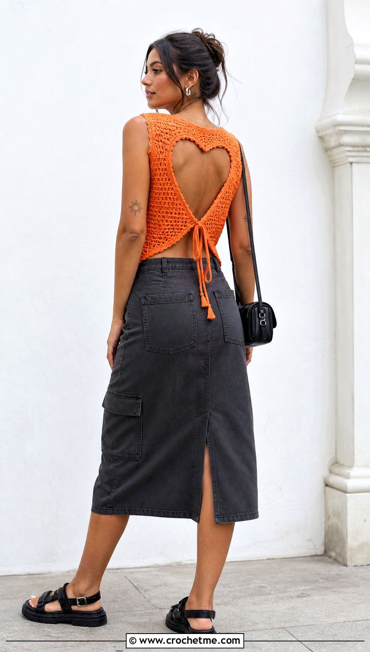 Crochet Heart Cut Out Open Back Top With Utility Skirt - 30 crochet heart cut out top outfit ideas