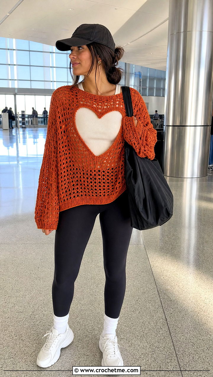 Crochet Heart Cut Out Sweater Top With Leggings - 30 crochet heart cut out top outfit ideas