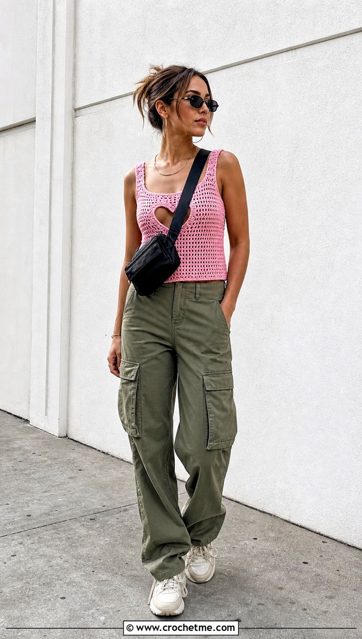 Crochet Heart Cut Out Tank Top With Cargo Pants - 30 crochet heart cut out top outfit ideas