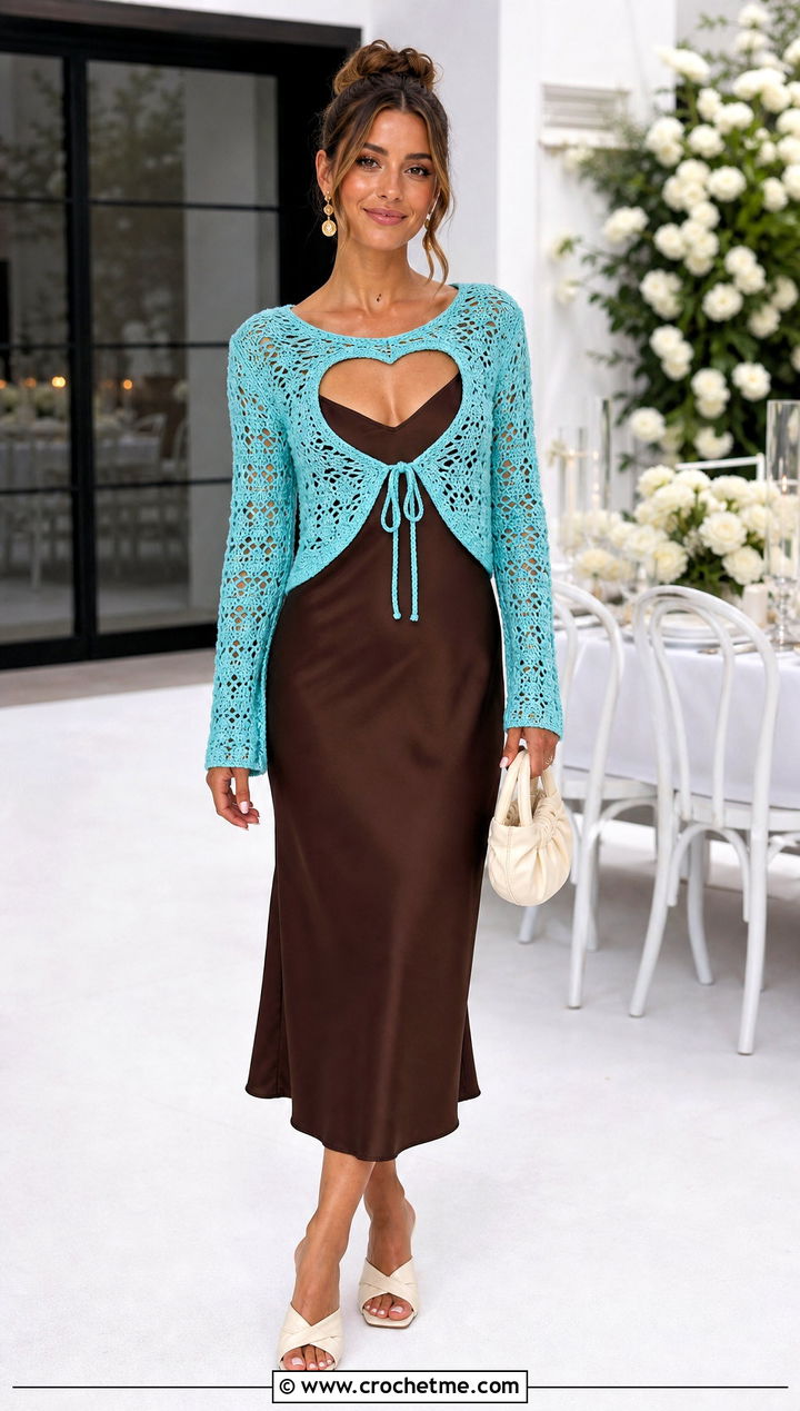 Crochet Heart Cut Out Tie Front Top Over A Slip Dress - 30 crochet heart cut out top outfit ideas
