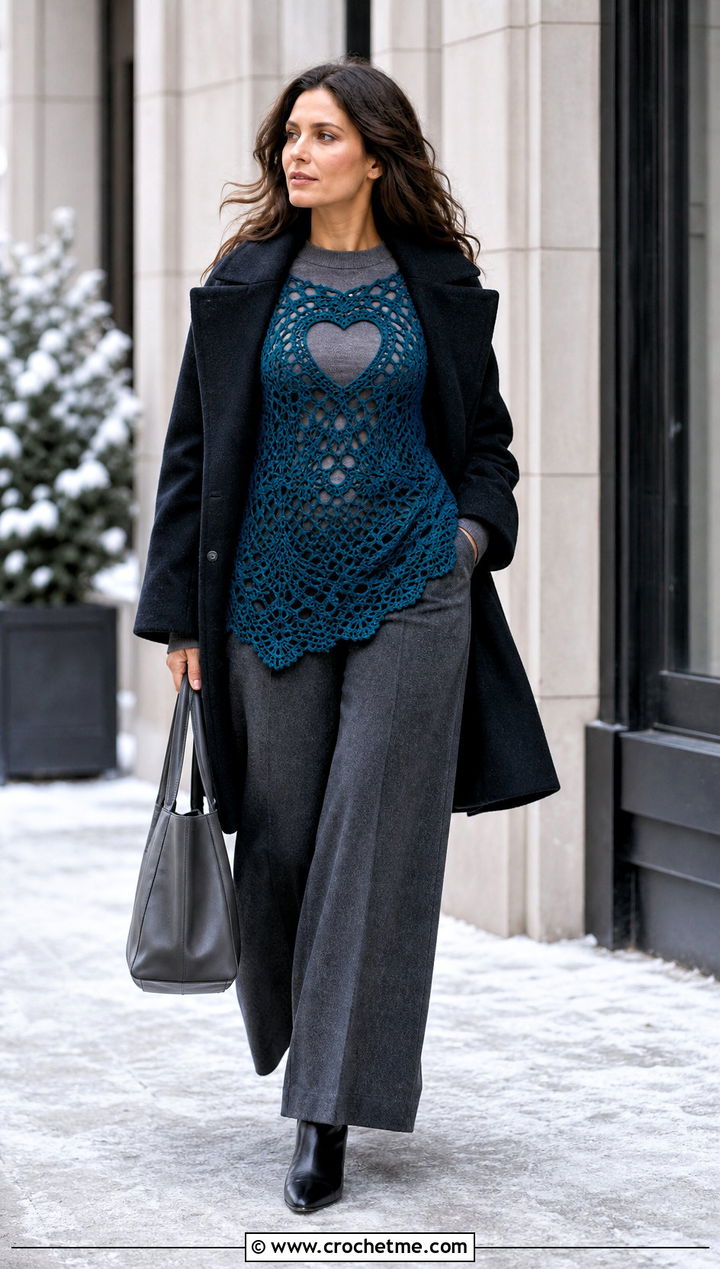 Crochet Heart Cut Out Tunic Top With Wool Trousers - 30 crochet heart cut out top outfit ideas