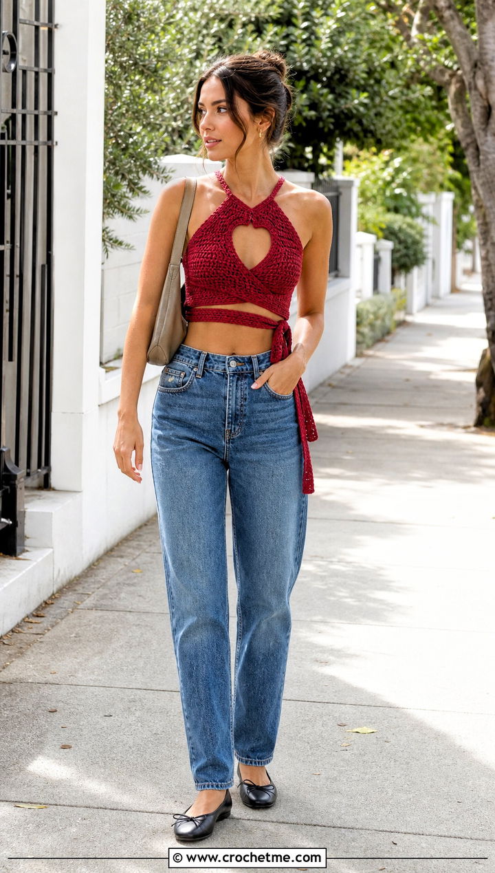 Crochet Heart Cut Out Wrap Top With Straight Leg Jeans - 30 crochet heart cut out top outfit ideas