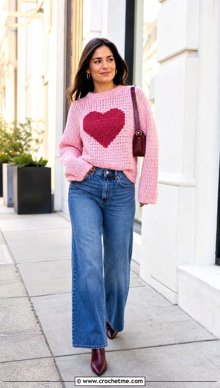 Crochet Heart Pullover With Wide Leg Jeans - 25 crochet valentine sweater outfit ideas