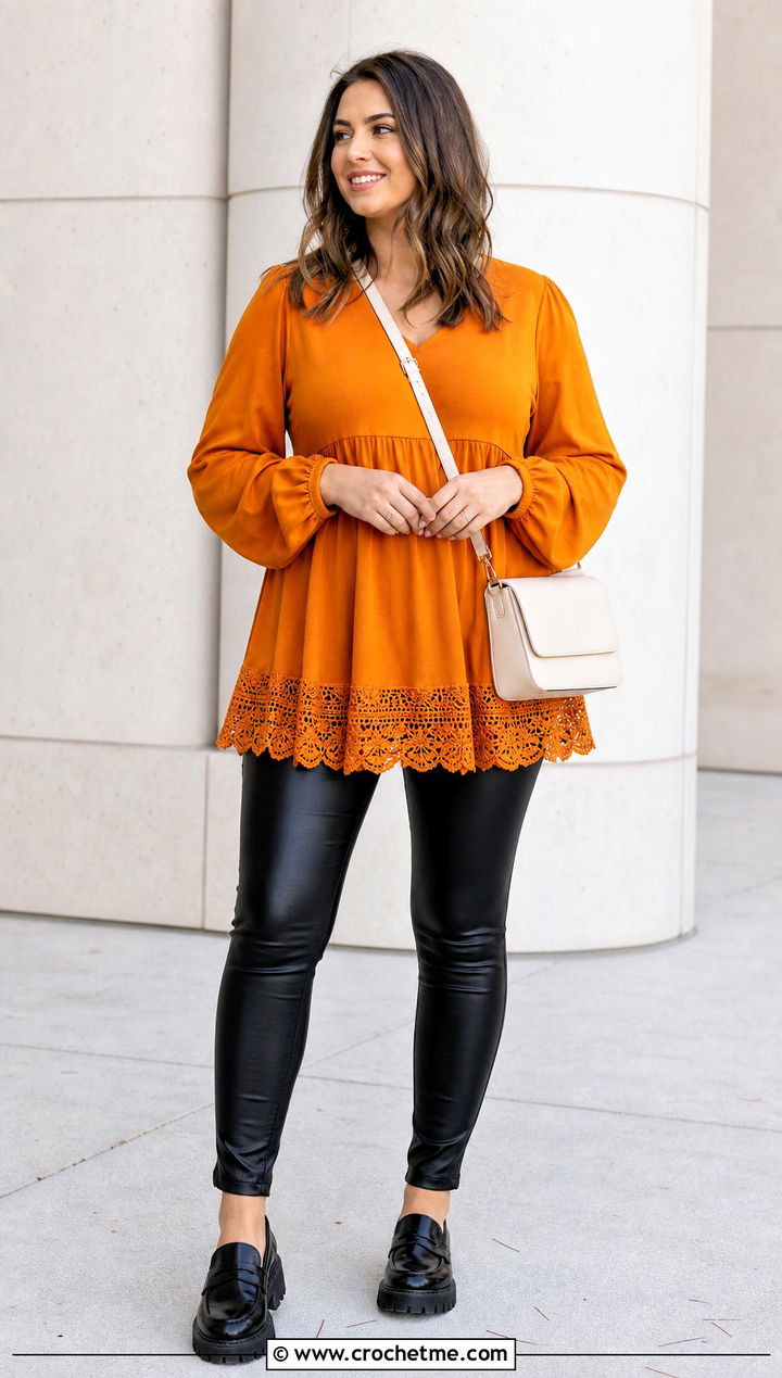 Crochet Hem Babydoll Top With Faux Leather Leggings - 30 crochet and fabric top outfit ideas