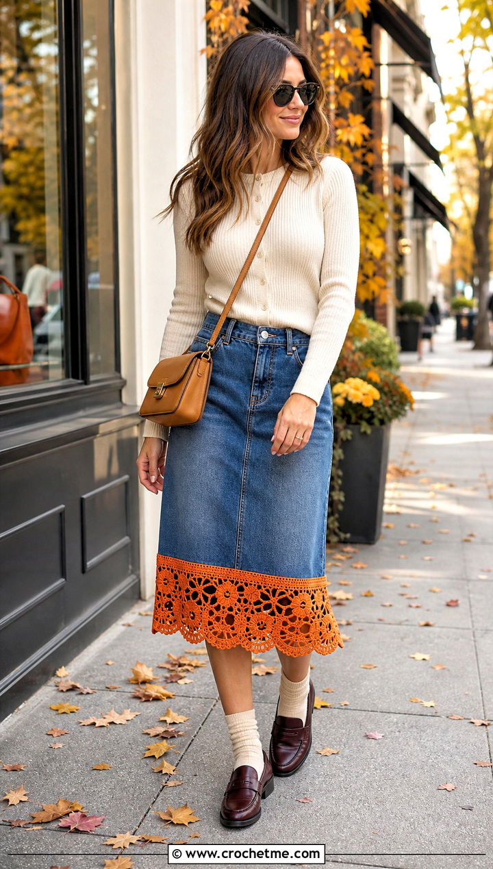 Crochet Hem Denim Skirt With Fitted Cardigan - 15 Crochet Clothes With Fabric outfit ideas