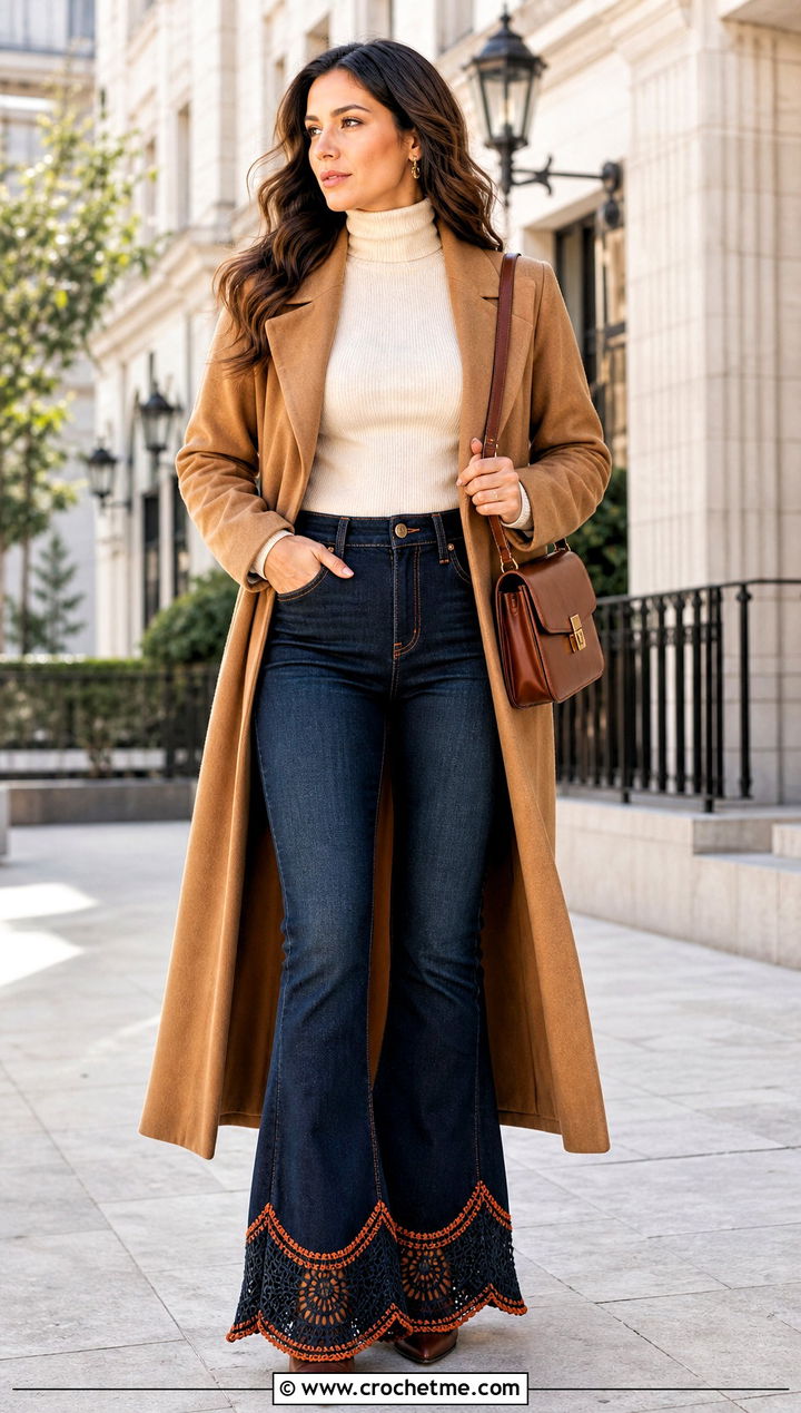 Crochet Hem Flare Jeans With Fitted Turtleneck - 30 crochet denim pants outfit ideas