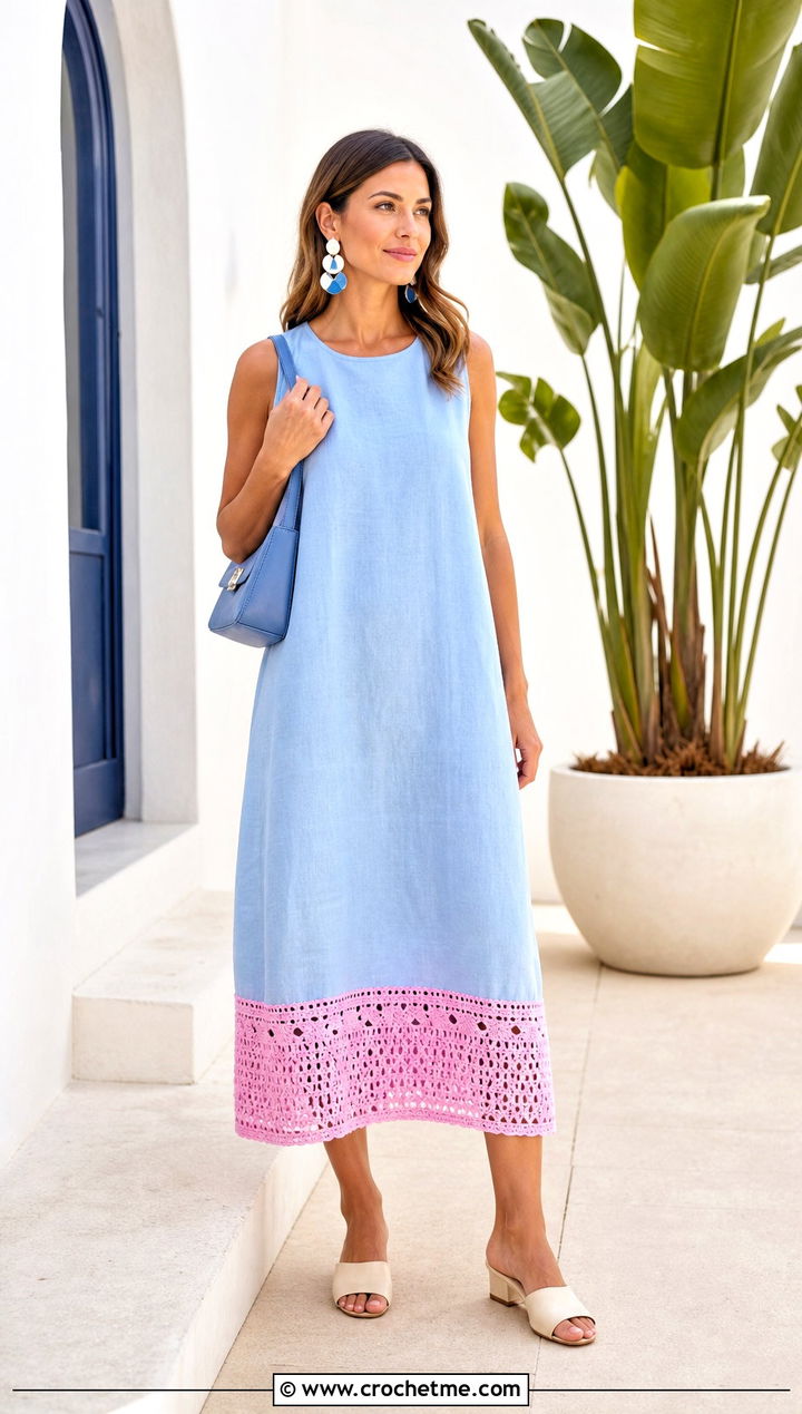 Crochet Hem Linen Shift Dress With Mules - 25 fabric and crochet dress outfit ideas