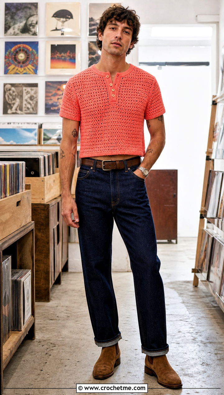 Crochet Henley Crop Top With Raw Denim - 25 Men Crochet Crop Top outfit ideas