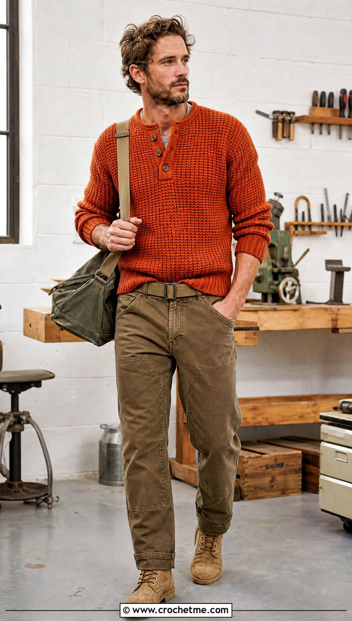 Crochet Henley Jumper With Workwear Pants - 35 men crochet jumper outfit ideas