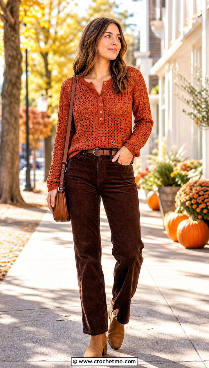 Crochet Henley Shirt With Corduroy Pants - 35 crochet shirt women outfit ideas