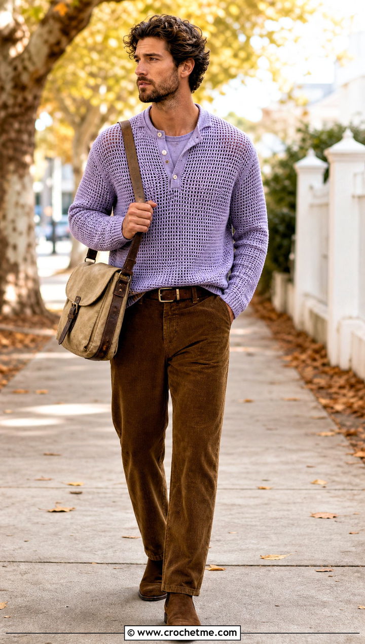 Crochet Henley Shirt With Corduroy Trousers - 35 crochet man shirt outfit ideas
