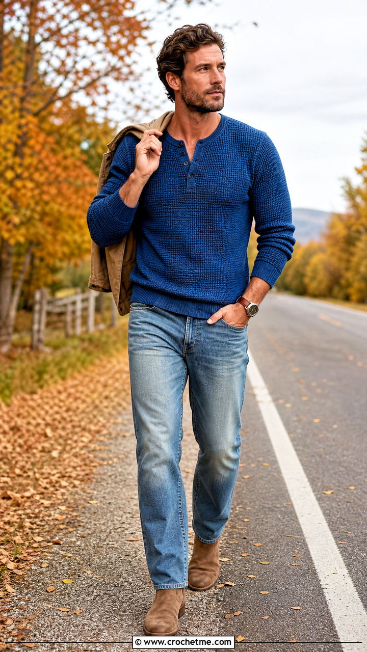 Crochet Henley Shirt With Faded Jeans And Boots - 35 crochet shirt men outfit ideas