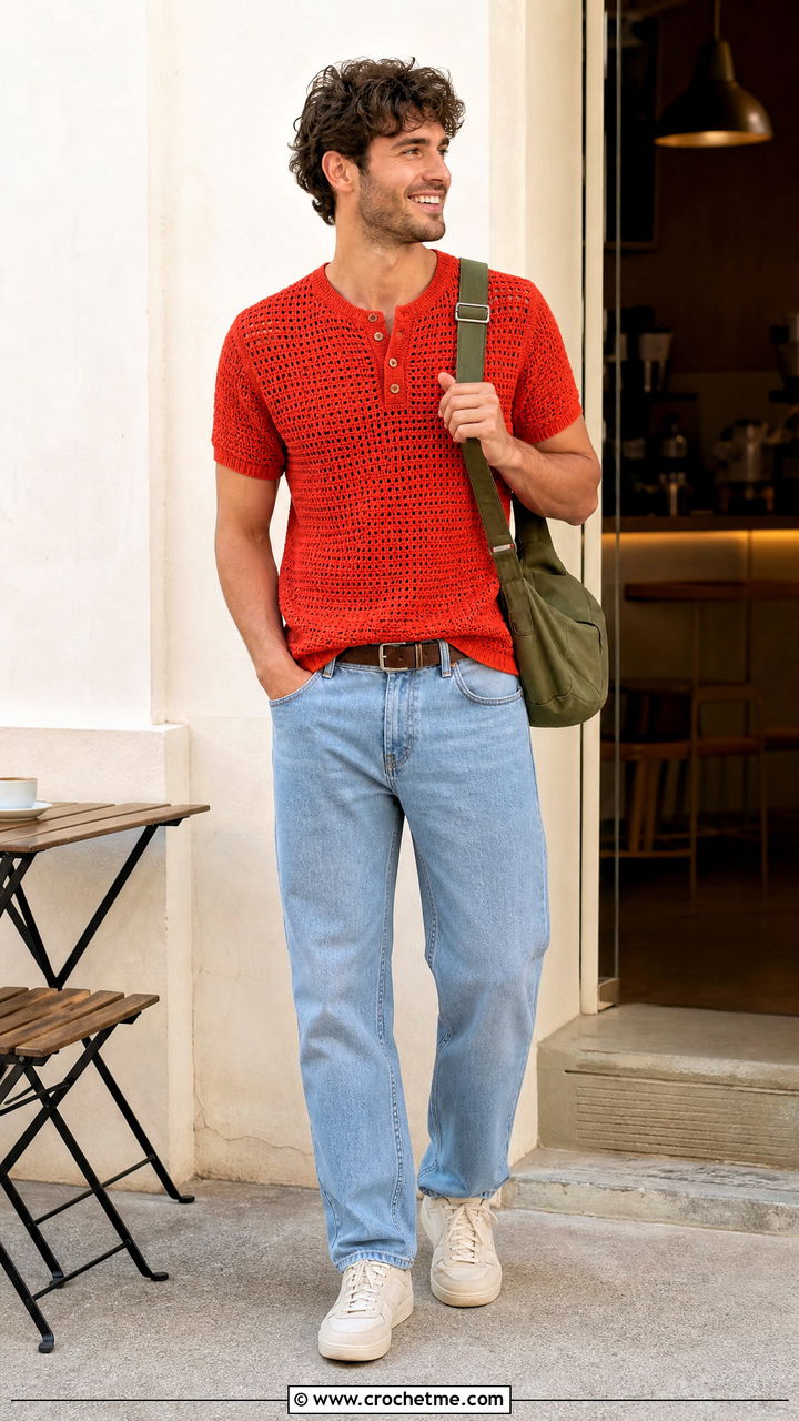 Crochet Henley Shirt With Faded Jeans - 35 crochet men shirt outfit ideas