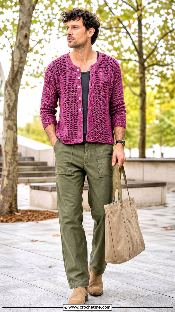 Crochet Henley Shirt With Fatigue Pants - 35 mens crochet shirt outfit ideas