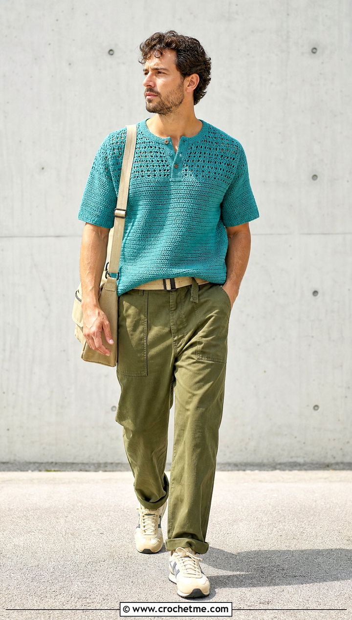 Crochet Henley Shirt With Fatigue Pants - 35 crochet mens clothes and outfit ideas