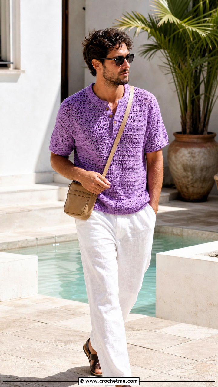 Crochet Henley Shirt With Linen Trousers - 35 crochet clothes for men outfit ideas