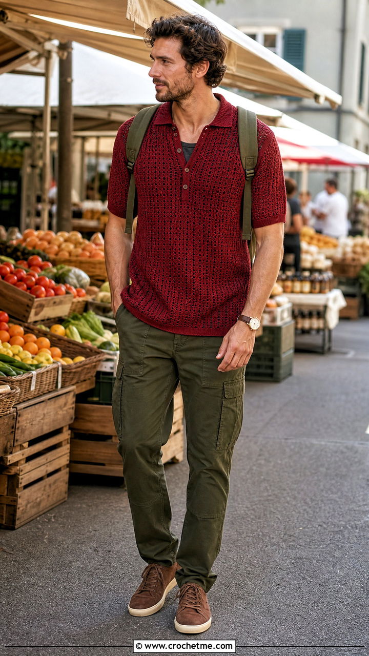 Crochet Henley Shirt With Utility Pants - 35 crochet mens shirt outfit ideas