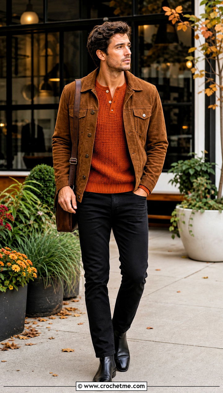 Crochet Henley Sweater With Suede Jacket - 30 male crochet sweater outfit ideas