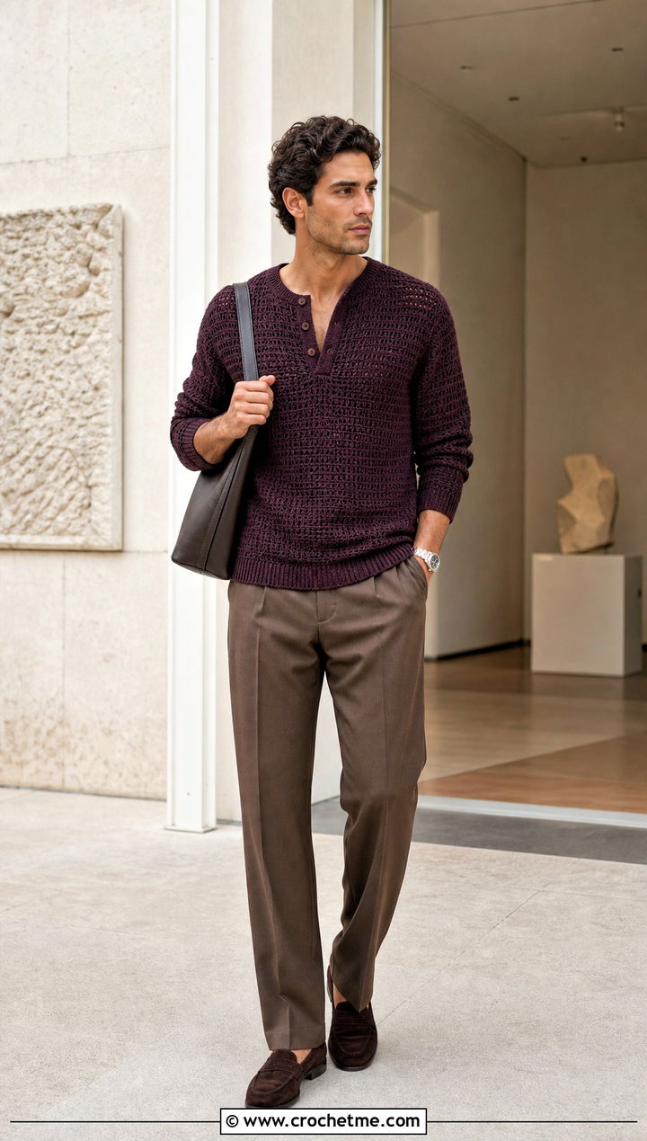 Crochet Henley Sweater With Tonal Trousers - 30 Easy Crochet Mens Sweater outfit ideas
