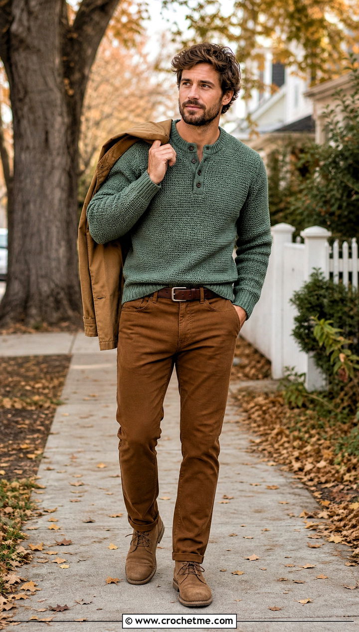 Crochet Henley Sweater With Twill Pants - 25 man crochet sweater outfit ideas