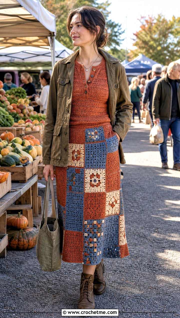 Crochet Henley Top And Patchwork Midi Skirt With Utility Jacket - 35 crochet skirt and top outfit ideas