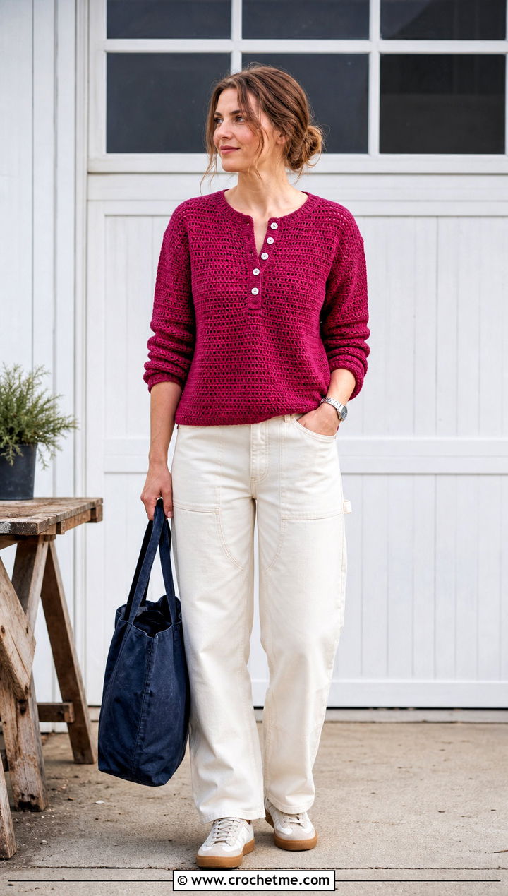 Crochet Henley Top With Carpenter Jeans - 35 crochet spring tops outfit ideas