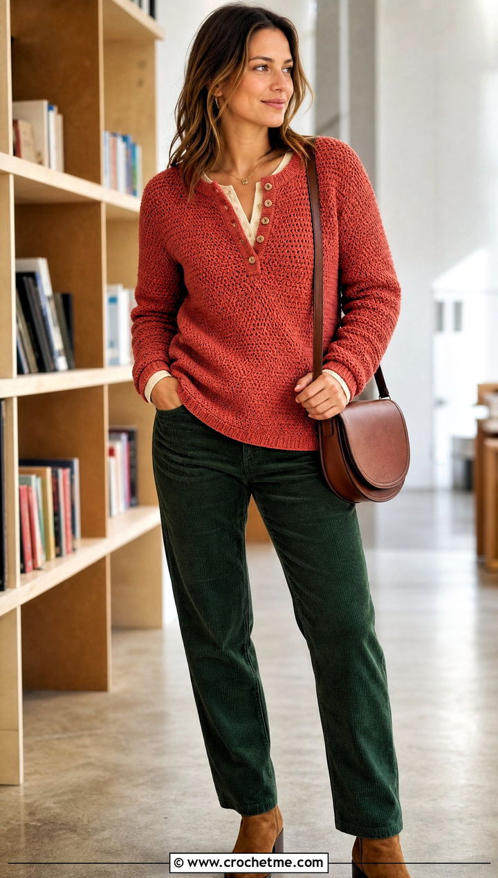 Crochet Henley Top With Corduroy Pants - 25 crochet top not cropped outfit ideas