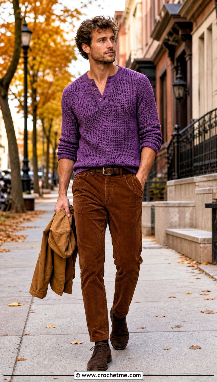 Crochet Henley Top With Corduroy Pants - 30 men crochet top outfit ideas