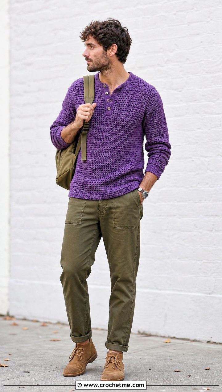 Crochet Henley Top With Fatigue Pants - 35 Mens Crochet Top outfit ideas
