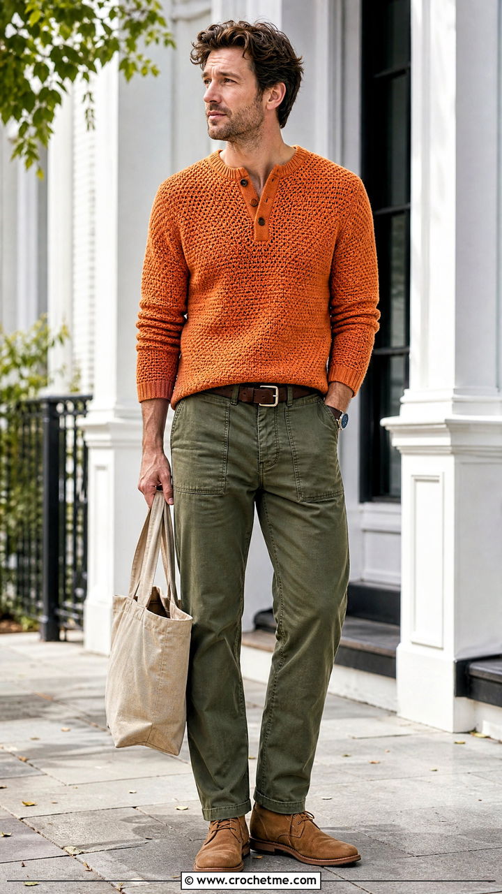Crochet Henley Top With Fatigue Pants - 35 crochet top for men outfit ideas