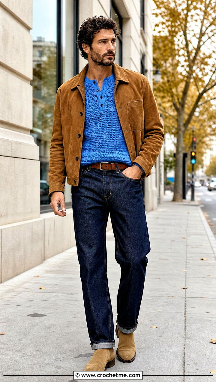 Crochet Henley Top With Raw Denim - 15 men's crochet top outfit ideas