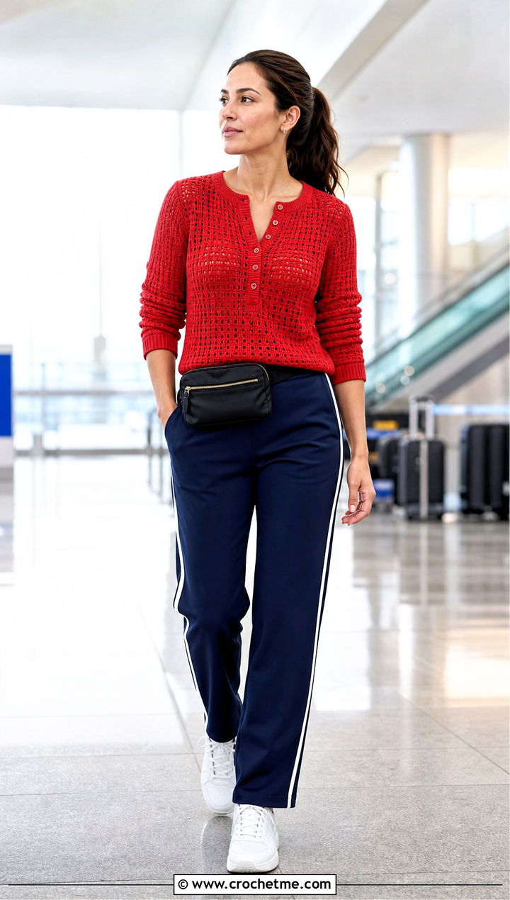 Crochet Henley Top With Track Pants - 30 beginner crochet top outfit ideas