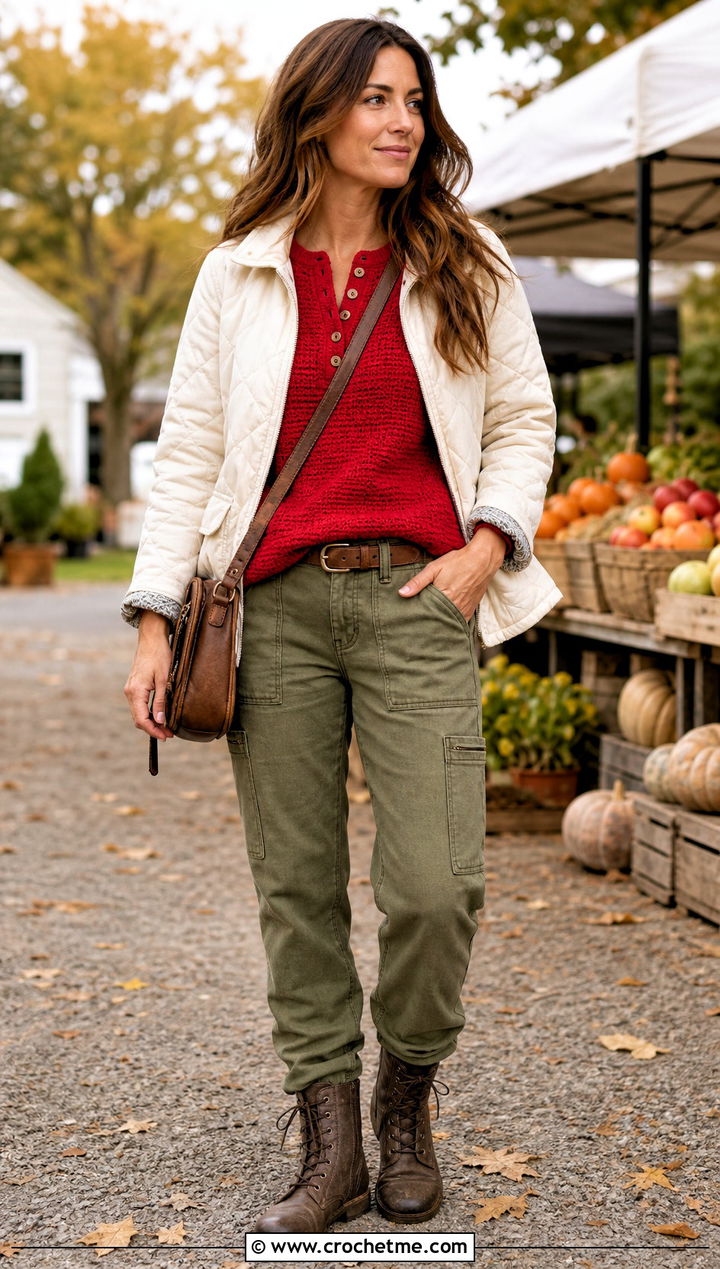 Crochet Henley Top With Utility Pants - 30 crochet fall tops outfit ideas