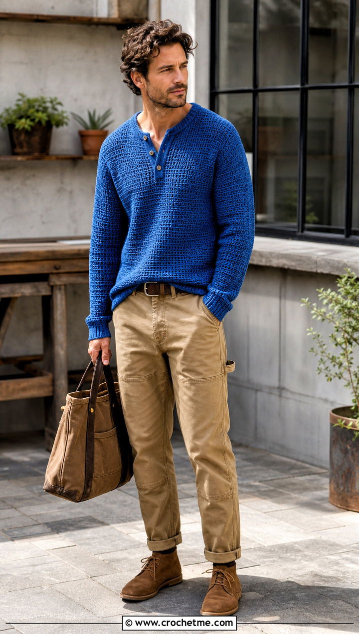 Crochet Henley Top With Workwear Pants - 15 crochet tops for men outfit ideas