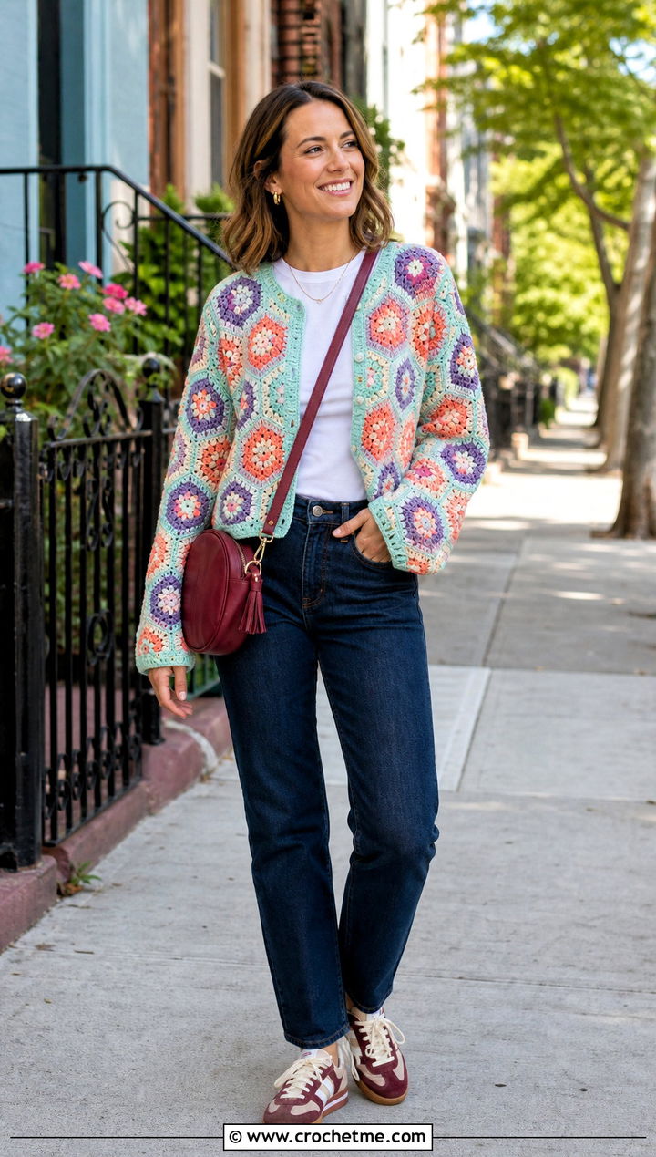 Crochet Hexagon Cardigan With Straight Leg Jeans - 25 Easy Clothes To Crochet For Beginners outfit ideas