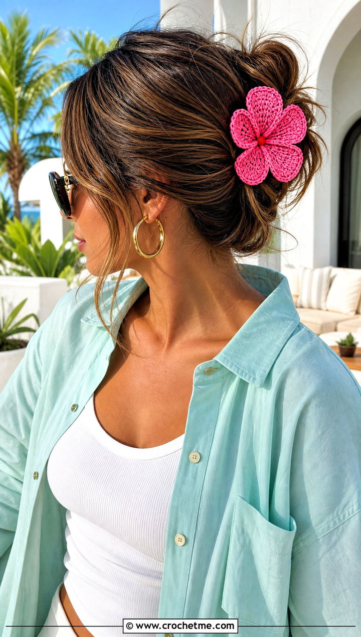 Crochet Hibiscus Claw Clip With Resort Set - 15 crochet flower headband and clip outfit ideas